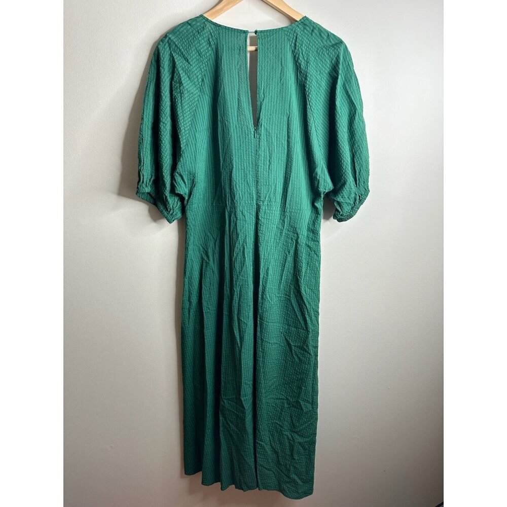 Mango MNG Midi Dress Womens XL Green Striped Boho Puff Sleeve Twist Wrap Tie - Picture 9 of 14